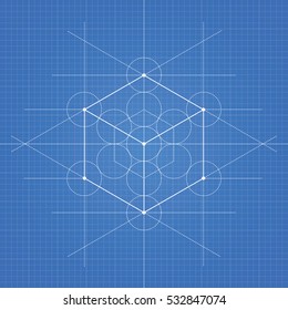 Hexahedron, a vector illustration of hexahedron on blueprint technical paper background