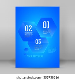 Hexahon background advertising brochure design elements. Glowing light blue oblique graphic form for elegant flyer. Vector illustration EPS 10 for booklet layout, spring theme leaflet, newsletters