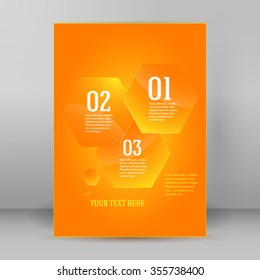 Hexahon background advertising brochure design elements. Glowing light orange oblique graphic form for elegant flyer. Vector illustration EPS 10 for booklet layout, spring theme leaflet, newsletters