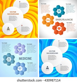 Hexahon and circle form advertising brochure design elements. Glowing yellow and blue graphic background for elegant flyer. Vector illustration EPS 10 for booklet layout, leaflet, newsletters