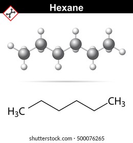 Hexane aliphatic hydrocarbon, alkane organic class, 2d and 3d vector illustration of molecular structure, isolated on white background, eps 10