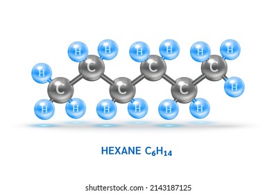 Modelos de molécula de gas hexano (C6H14) y fórmulas químicas físicas. Combustible gaseoso combustible de gas natural. Concepto de ecología y ciencia bioquímica. Aislado sobre fondo blanco. Ilustración de vectores 3D.