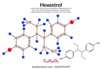 Hexestrol, estrógeno no esteroideo, fórmula de estructura molecular, modelo de bola y palo, adecuado para contenido de educación o ciencia química. Ilustración vectorial