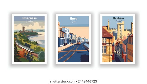 Hexham, Inglaterra. Hove, Sussex. Inverness, Escocia - Set de 3 Carteles de Viajes Vintage. Ilustración vectorial. Impresiones de alta calidad