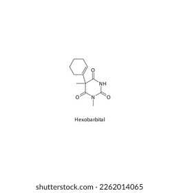 Hexobarbital flat skeletal molecular structure Barbiturate drug used in insomnia, anxiety, siezures treatment. Vector illustration.