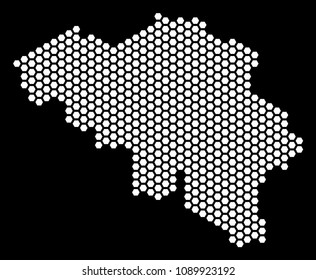Hex-tile Belgium map. Vector territory scheme on a black background. Abstract Belgium map mosaic is made of honeycomb cells.