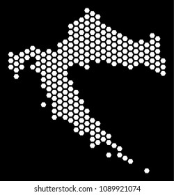 Hex-tile Croatia map. Vector geographic plan on a black background. Abstract Croatia map collage is combined of hexagon cells.