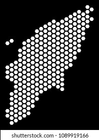 Hex-tile Greek Rhodes Island map. Vector geographic plan on a black background. Abstract Greek Rhodes Island map concept is made of hex-tile spots.