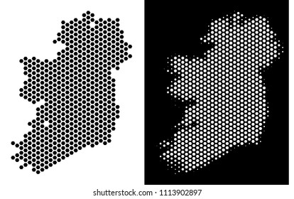 Hex-Tile Ireland Island map. Vector geographic plan in black and white variants. Abstract Ireland Island map composition is constructed from hex tile pixels.