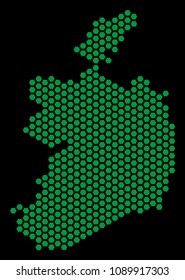 Hex-tile Ireland Republic map. Vector territorial scheme on a black background. Abstract Ireland Republic map collage is designed with hexagon blots.