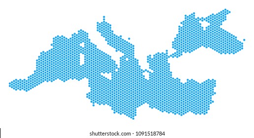 Hex-Tile Mediterranean Sea map. Vector territorial scheme on a white background. Abstract Mediterranean Sea map collage is formed of hex tile elements.