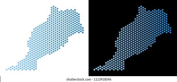 Hex-Tile Morocco map. Vector territorial plan in light blue color with horizontal gradient on white and black backgrounds. Abstract Morocco map concept is combined of hexagonal pixels.