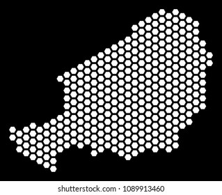 Hex-tile Niger map. Vector territory plan on a black background. Abstract Niger map collage is combined with honeycomb blots.