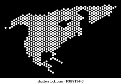 Hex-tile North America map. Vector territorial plan on a black background. Abstract North America map composition is done with hex tile spots.