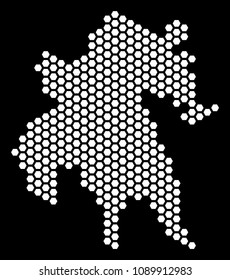 Hex-tile Peloponnese Peninsula map. Vector territory scheme on a black background. Abstract Peloponnese Peninsula map composition is created with hexagonal items.