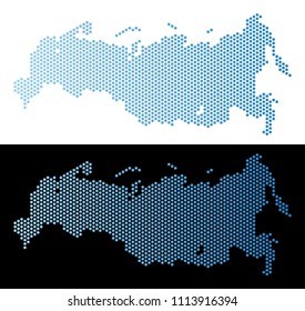 Hex-Tile Russia map. Vector territory plan in light blue color with horizontal gradient on white and black backgrounds. Abstract Russia map concept is created from hex tile items.
