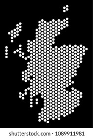 Hex-tile Scotland map. Vector territory scheme on a black background. Abstract Scotland map composition is made with hex tile cells.