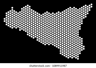 Hex-tile Sicilia map. Vector geographic plan on a black background. Abstract Sicilia map collage is made with hexagonal cells.