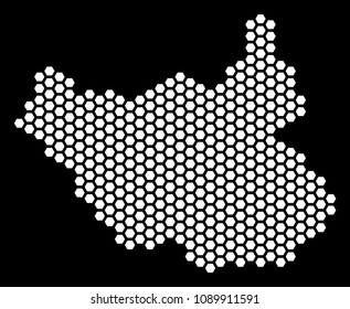 Hex-tile South Sudan map. Vector territorial plan on a black background. Abstract South Sudan map concept is constructed with hex-tile cells.