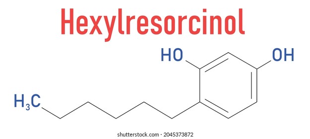 Hexylresorcinol molecule. Has anaesthetic, antiseptic and anthelmintic properties. Skeletal formula.