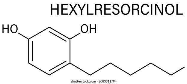 Hexylresorcinol molecule. Has anaesthetic, antiseptic and anthelmintic properties. Skeletal formula.