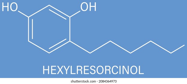 Hexylresorcinol molecule. Has anaesthetic, antiseptic and anthelmintic properties. Skeletal formula.