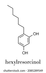 Hexylresorcinol molecule. Has anaesthetic, antiseptic and anthelmintic properties. Skeletal formula.