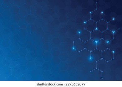Hexzagon-Linie auf blauem Hintergrund. Innovation und moderne Wissenschaft mit Leerraum. Netzanschlusskonzept mit Punkt und Linie auf Sechskantpartikeln.