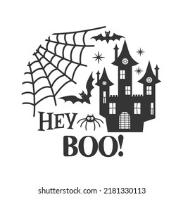 Hey boo farmhouse door hanger. Vector Halloween quote. Halloween round sign design. Round design on white background. 31 October party sign.