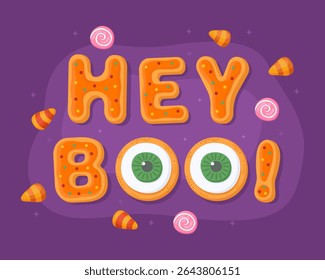 Ei, Boo! Cartão comemorativo de Halloween, pão de gengibre de halloween laranja em um fundo roxo. Doces de Halloween, doces de milho, biscoitos em forma de olho, biscoitos em forma de carta.