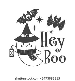 Hey boo cita de Vector de Halloween. Linda Ilustración vectorial fantasma. Halloween embrujado, boo espeluznante. Feliz cita de Festiva divertido diseño aislado sobre fondo blanco.