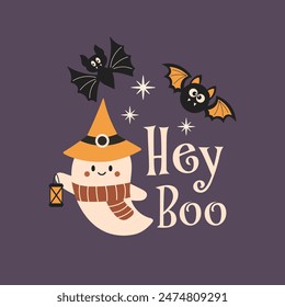 Hey Boo Halloween vector quote. Cute ghost vector illustration. Halloween haunted, boo spooky. Happy Holiday quote, funny design.