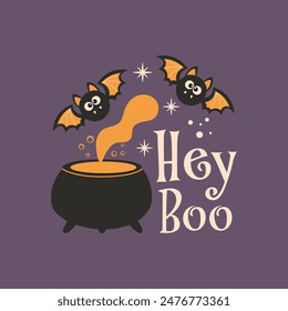 Hey Boo Halloween vector quote. Cute bats vector illustration. Halloween haunted, boo spooky. Happy Holiday quote, funny design.