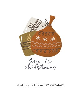 Hey its Christmas. Christmas card with gifts. Hand drawn illustration in cartoon style. Cute concept for xmas. Illustration for the design postcard, textiles, apparel, decor