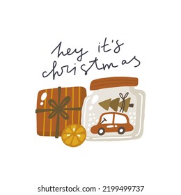 Hey its christmas. Christmas card. Hand drawn illustration in cartoon style. Cute concept for xmas. Illustration for the design postcard, textiles, apparel, decor