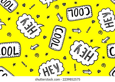 Hey cool text message seamless pattern. Cute speech bubble wallpaper. Yellow colored background. Vector wallpaper.