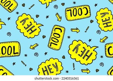 Hey cool text message seamless pattern. Cute speech bubble wallpaper. Yellow and blue colored background. Vector wallpaper.