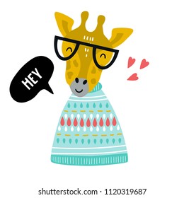 Hey - Cute hand drawn nursery poster with giraffe animal with glasses and hand drawn lettering. Vector illustration in candinavian style.