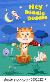 Hey Diddle Diddle, Kids English Nursery Rhymes book illustration in vector