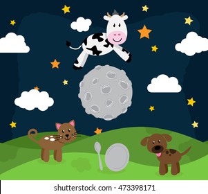 'Hey Diddle Diddle' Nursery Rhyme or Bedtime Story Landscape with Cow Jumping Over the Moon