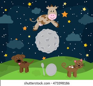 'Hey Diddle Diddle' Nursery Rhyme or Bedtime Story Landscape with Cow Jumping Over the Moon