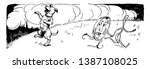 Hey Diddle Diddle, this scene shows a dog laughing and facing left side, Dish and spoon together running away from dog, vintage line drawing or engraving illustration
