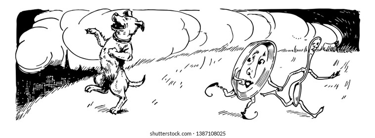 Hey Diddle Diddle  this scene shows dog laughing   facing left side  Dish   spoon together running away from dog  vintage line drawing engraving illustration