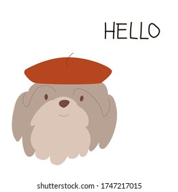 Hey. A dog in a beret hat. Cute funny character. Hand drawn vector postcard. Colored fashion illustration. Flat design