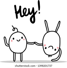 Hey hand drawn vector illustration with two cartoon active men. Standing on the head. Minimalism.
