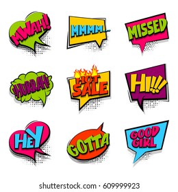 Hey, hi, hot sale set Comic book halftone colored background balloon. Bubble icon speech phrase. Cartoon exclusive font label expression. Comic text, sound effect dot back. Sounds vector illustration