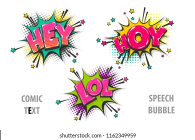 hey, hoy, lol pop art style set hand drawn sound effects template comics book text speech bubble. Halftone dot background.