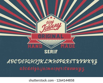 Hey Johnny. New serif handmade font in hipster style and very colorful. Pop art. American style 50th. Backdrop, poly, pattern, effect, pin up, sailor, vintage. retro.