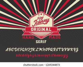 Hey Johnny. New serif handmade font in hipster style and very colorful. Pop art. American style 50th. Pin up, vintage and retro.