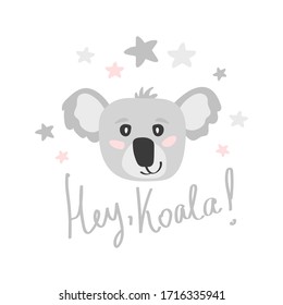 Hey, koala. Childish print with cute koala. Print for kids textile.